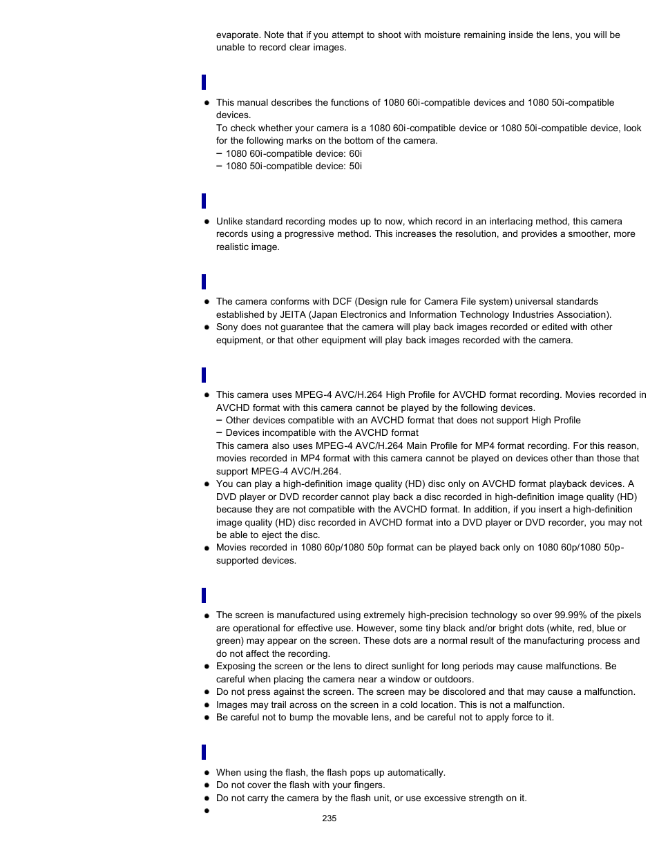 Notes when playing movies on other devices, Notes on the screen and lens, Notes on the flash | Sony DSC-RX100 User Manual | Page 242 / 259