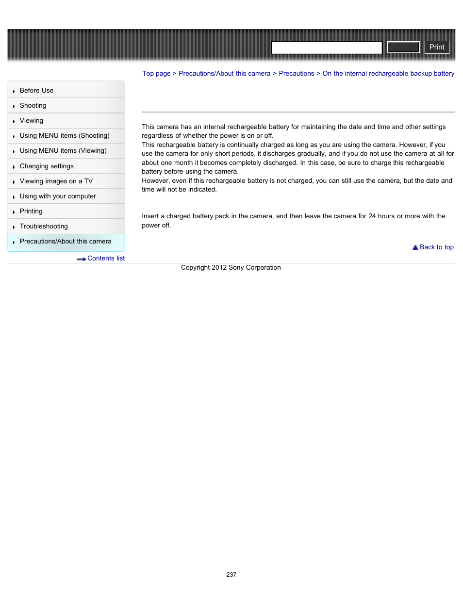 On the internal rechargeable backup battery, Details, Cyber-shot user guide | Sony DSC-RX100 User Manual | Page 244 / 259