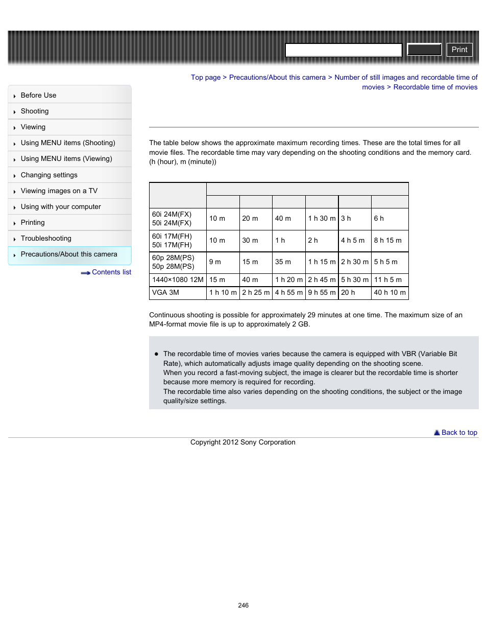 Recordable time of movies, Cyber-shot user guide | Sony DSC-RX100 User Manual | Page 253 / 259