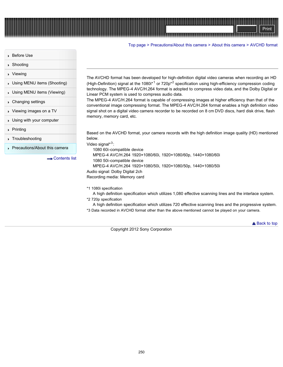Avchd format, Cyber-shot user guide | Sony DSC-RX100 User Manual | Page 257 / 259
