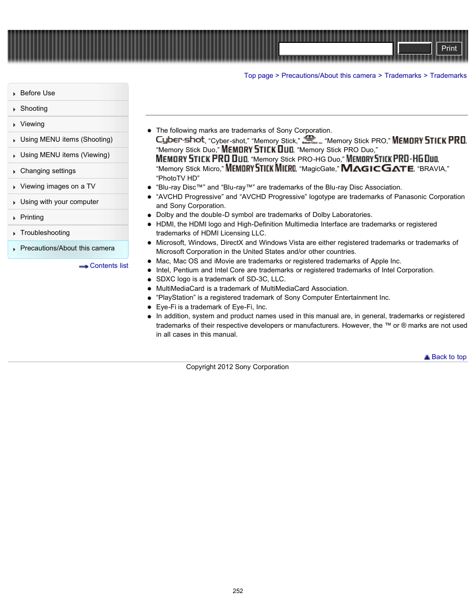 Trademarks, Cyber-shot user guide | Sony DSC-RX100 User Manual | Page 259 / 259