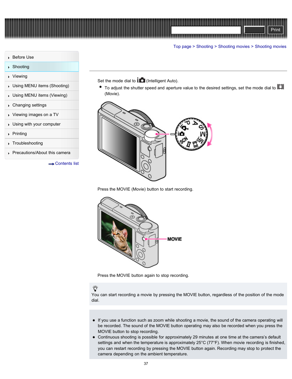 Shooting movies, Cyber-shot user guide | Sony DSC-RX100 User Manual | Page 44 / 259