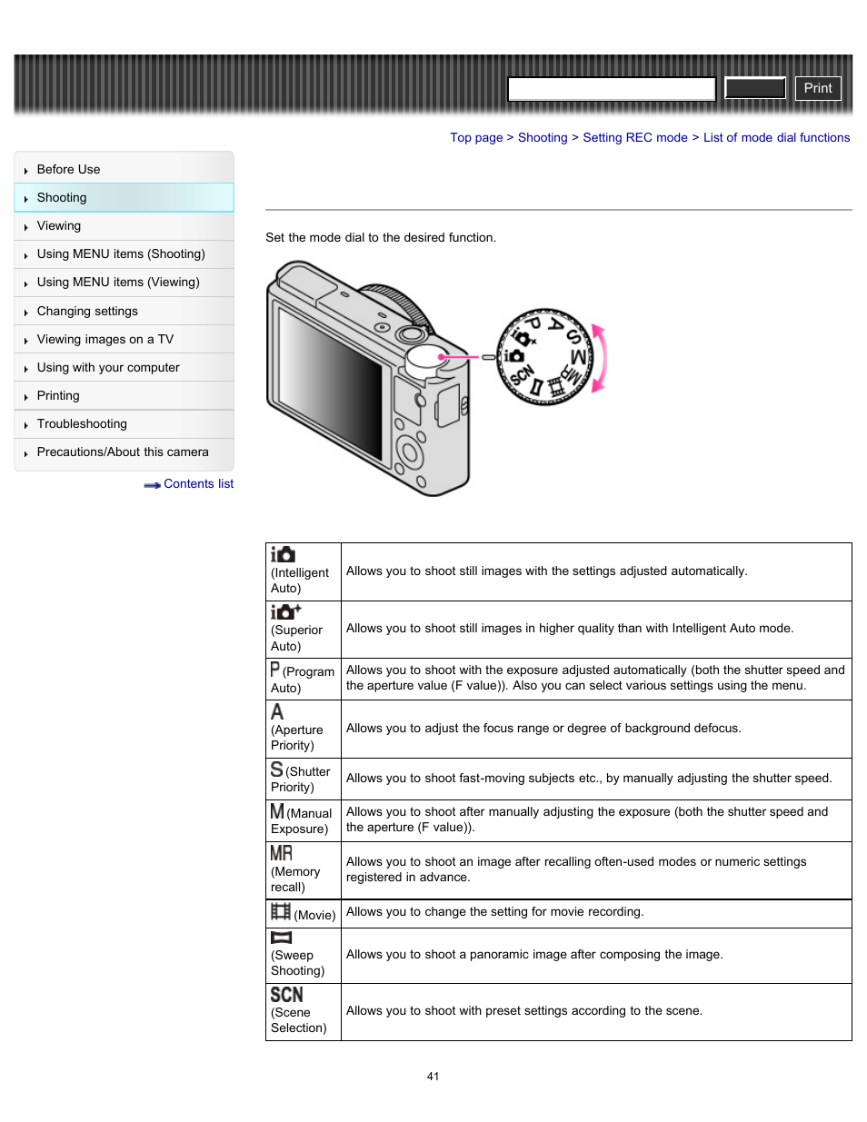 List of mode dial functions, Cyber-shot user guide | Sony DSC-RX100 User Manual | Page 48 / 259