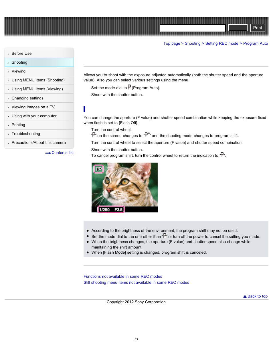 Program auto, Cyber-shot user guide | Sony DSC-RX100 User Manual | Page 54 / 259