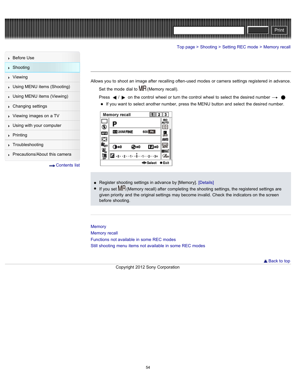 Memory recall, Cyber-shot user guide | Sony DSC-RX100 User Manual | Page 61 / 259