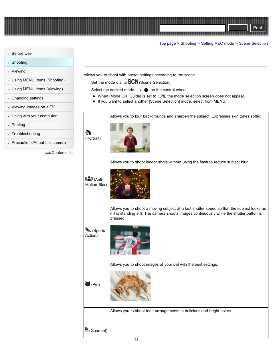 Scene selection, Cyber-shot user guide | Sony DSC-RX100 User Manual | Page 65 / 259