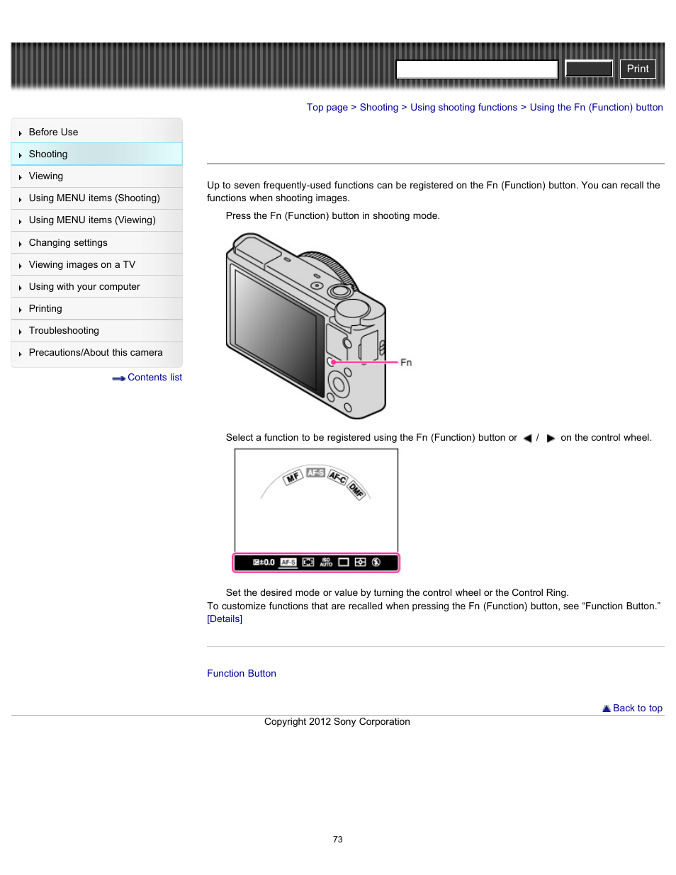 Using the fn (function) button, Cyber-shot user guide | Sony DSC-RX100 User Manual | Page 80 / 259