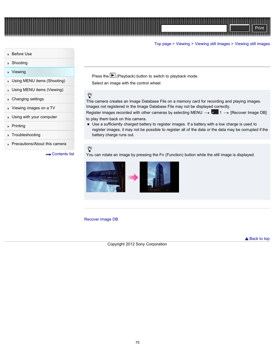 Viewing still images, Cyber-shot user guide | Sony DSC-RX100 User Manual | Page 82 / 259