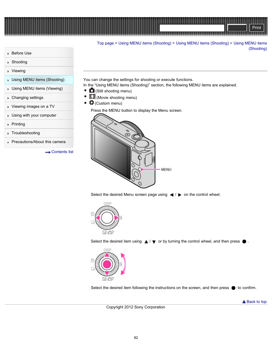 Using menu items (shooting), Cyber-shot user guide | Sony DSC-RX100 User Manual | Page 89 / 259