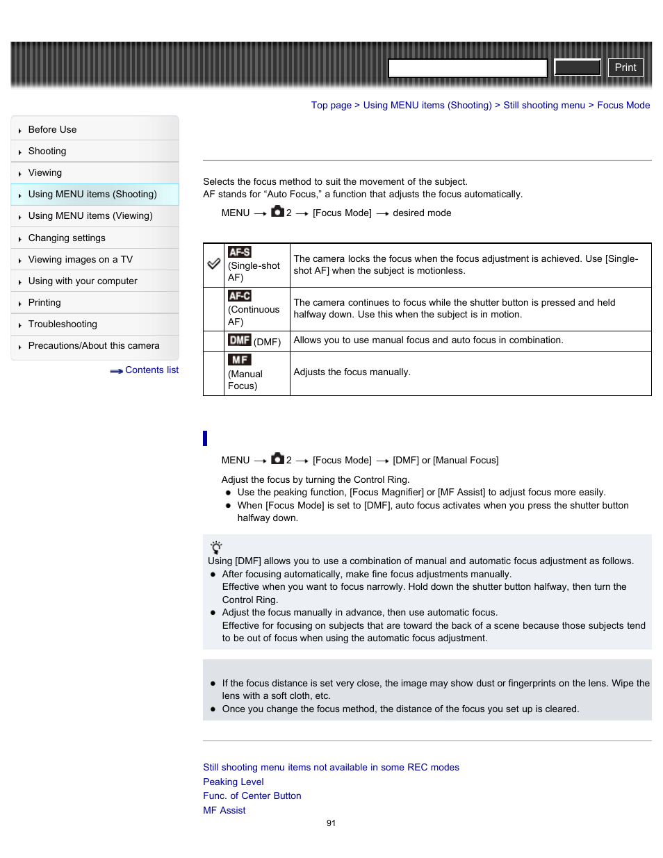 Focus mode, Details, Cyber-shot user guide | Sony DSC-RX100 User Manual | Page 98 / 259