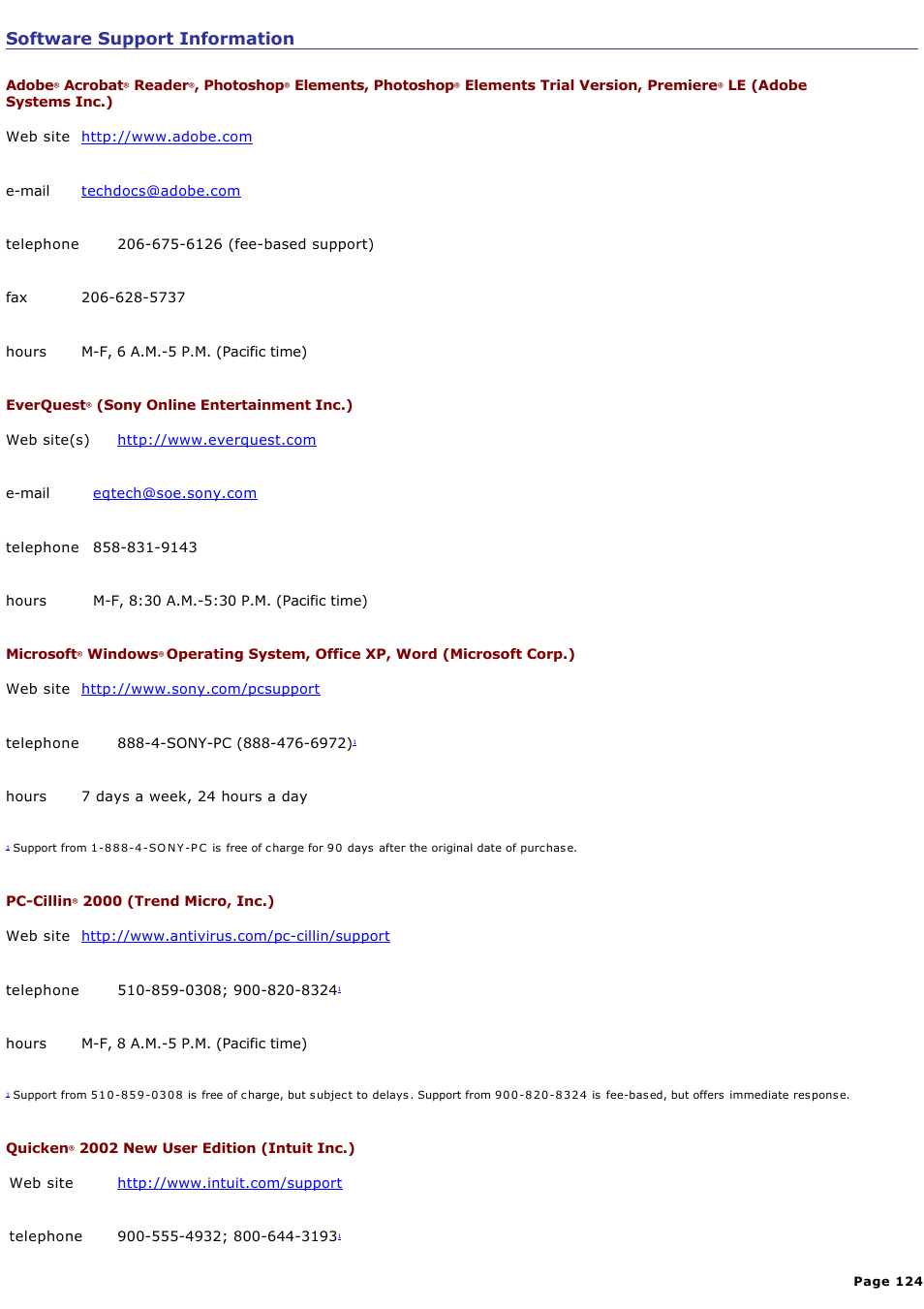 Software support information | Sony PCG-NV100 User Manual | Page 124 / 188