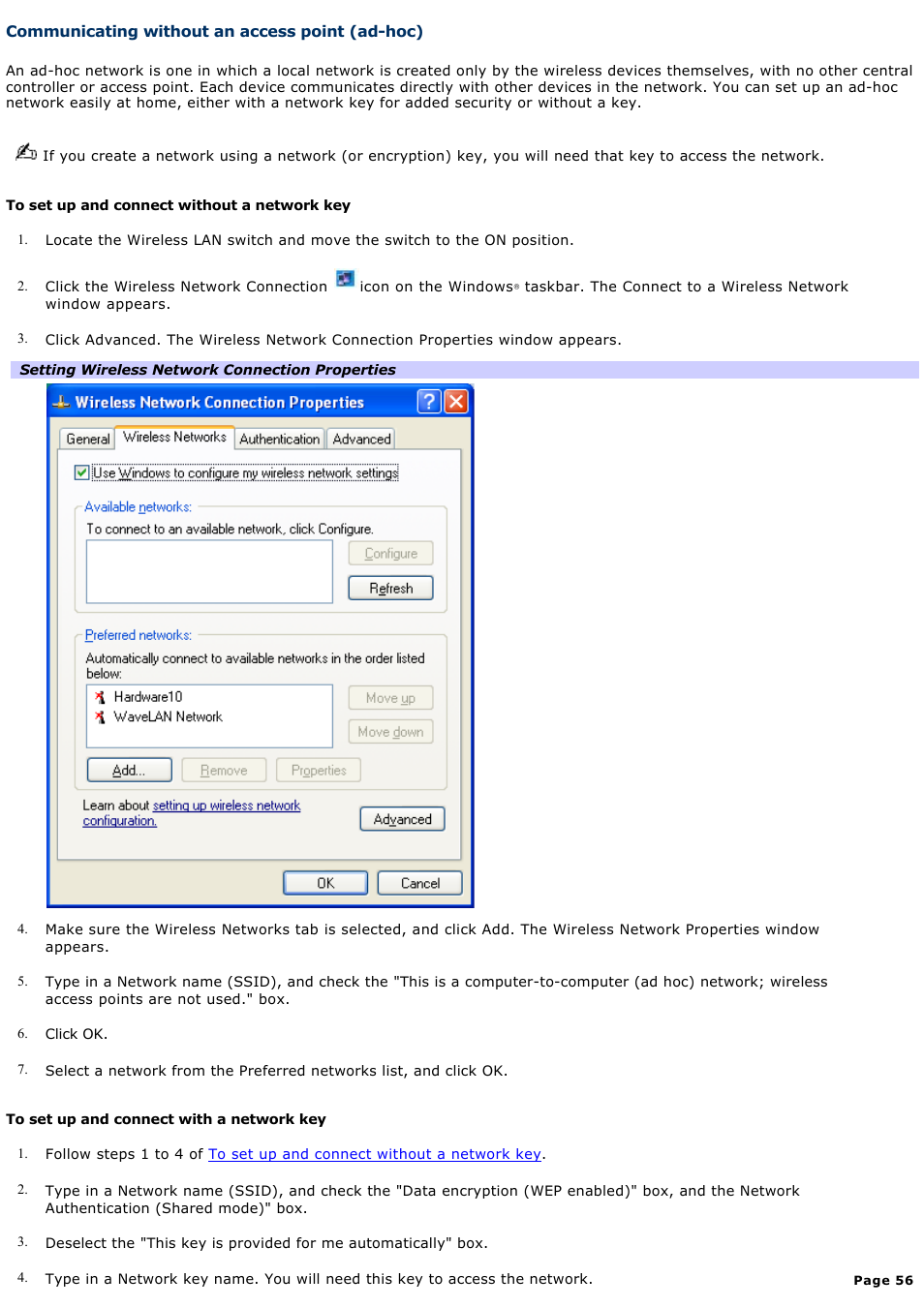 Communicating without an access point (ad-hoc) | Sony PCG-NV100 User Manual | Page 56 / 188