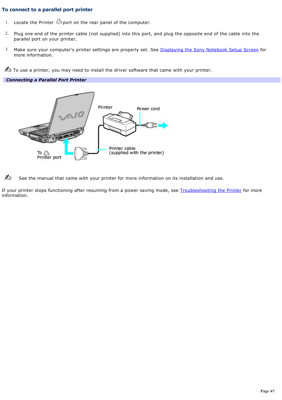 To connect to a parallel port printer | Sony PCG-NV100 User Manual | Page 67 / 188