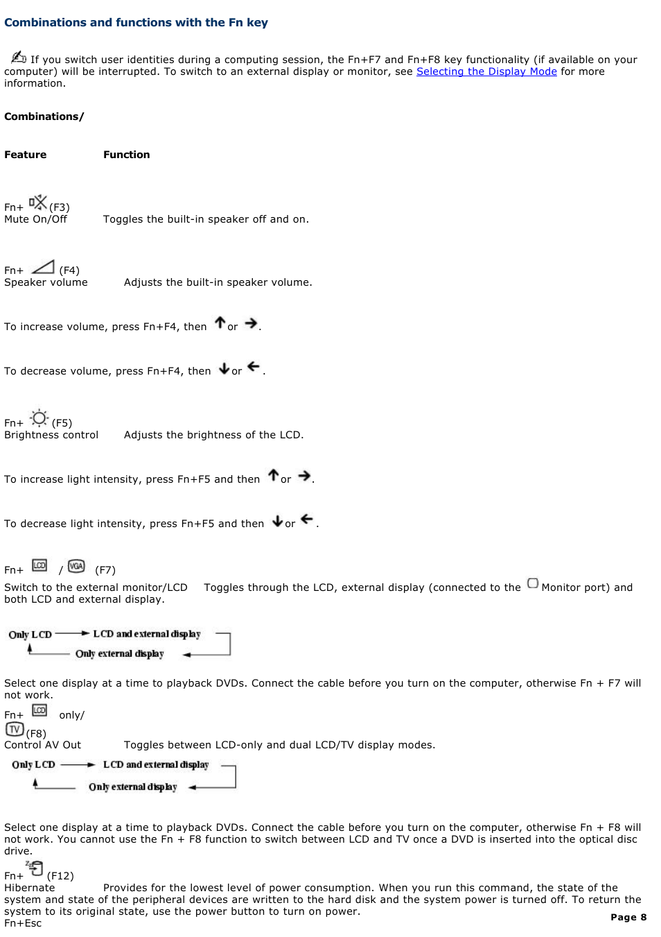 Combinations and functions with the fn key, Combinations and functions with, The fn key | Sony PCG-NV100 User Manual | Page 8 / 188