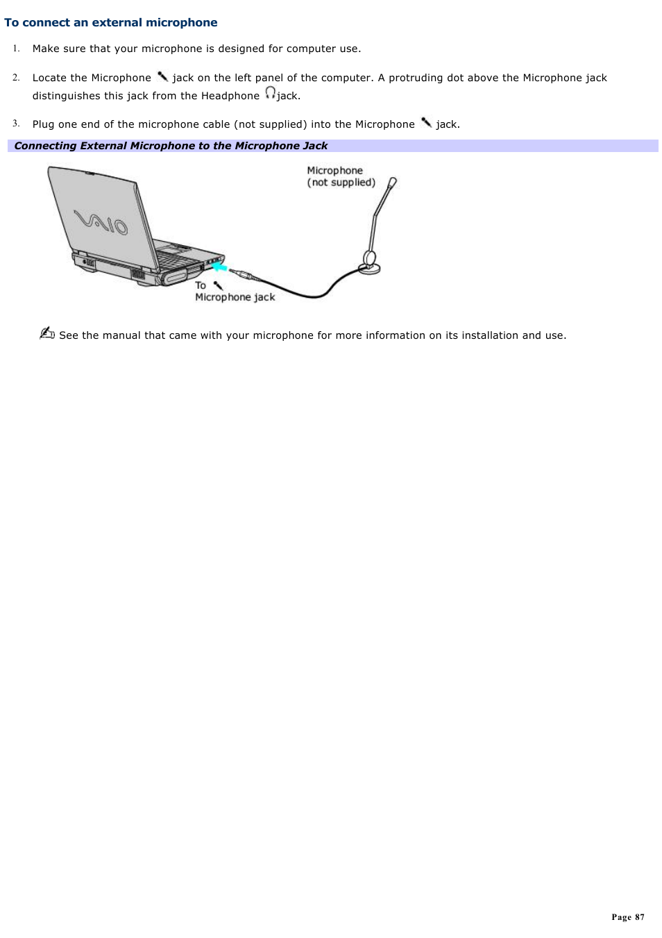 To connect an external microphone | Sony PCG-NV100 User Manual | Page 87 / 188