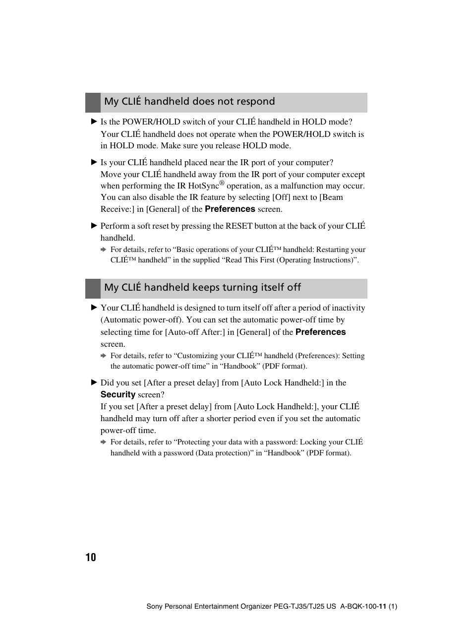 My clié handheld does not respond, My clié handheld keeps turning itself off | Sony PEG-TJ25 User Manual | Page 10 / 37