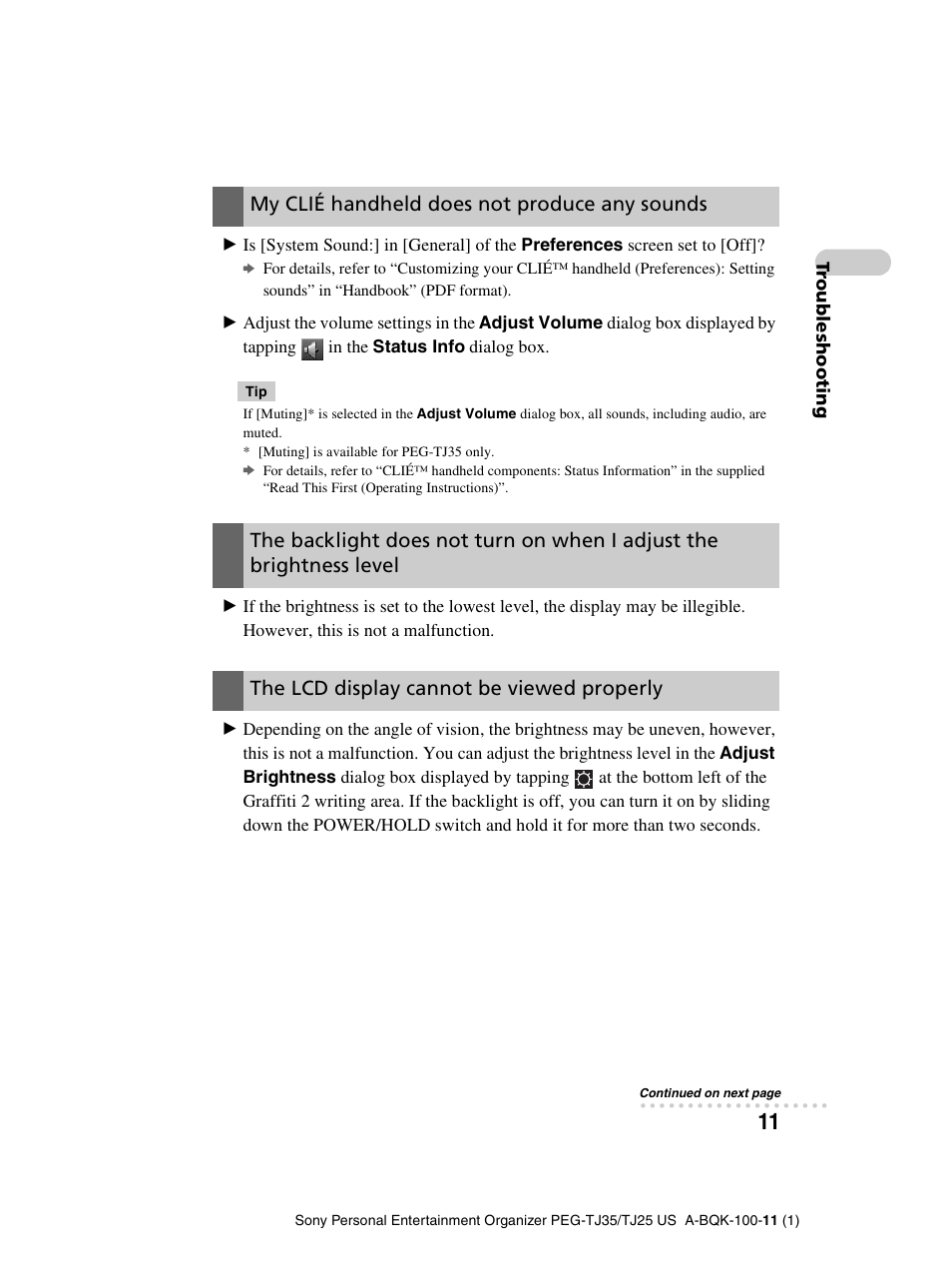 My clié handheld does not produce any sounds, The lcd display cannot be viewed properly | Sony PEG-TJ25 User Manual | Page 11 / 37