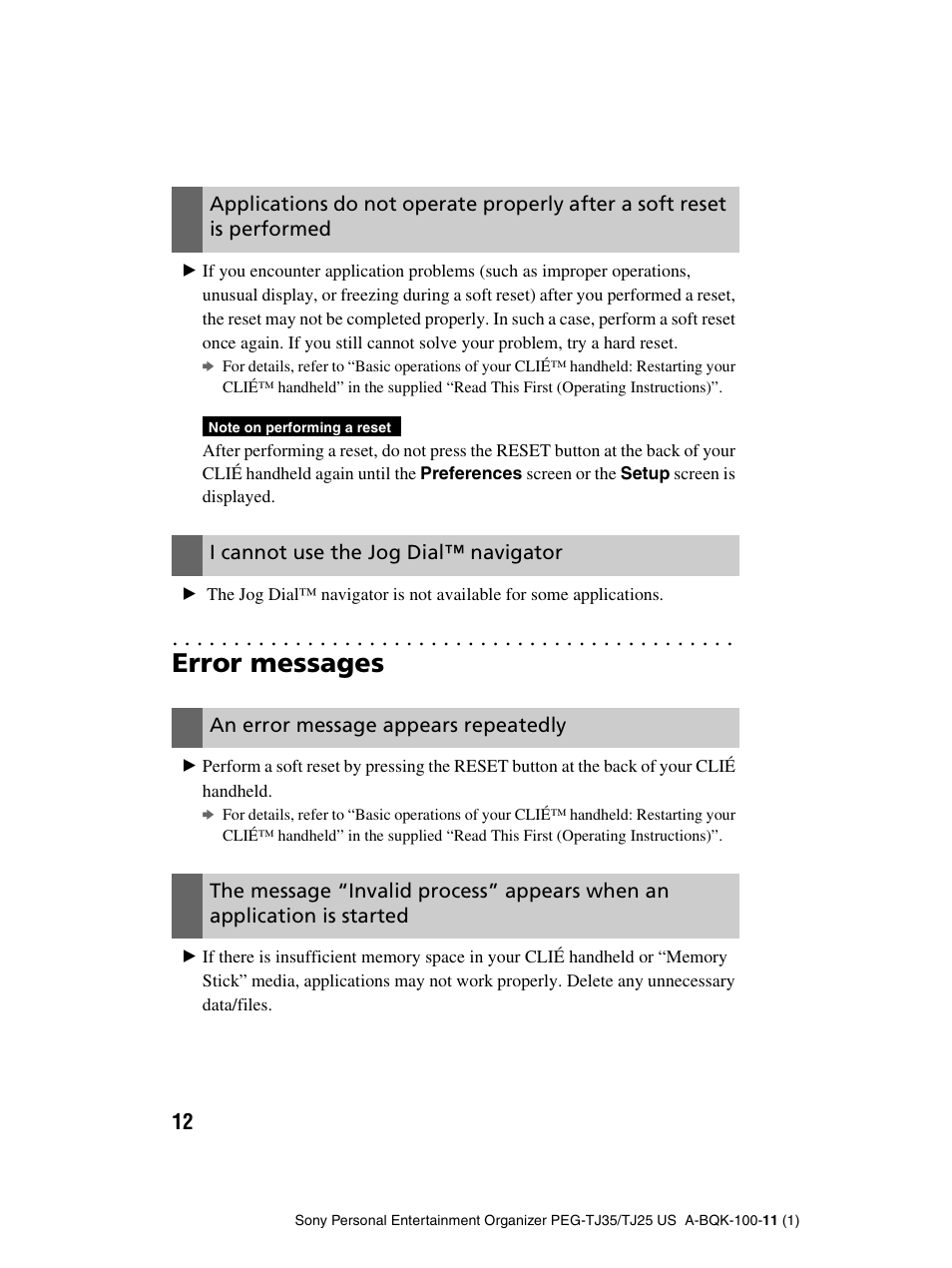 Error messages, I cannot use the jog dial™ navigator, An error message appears repeatedly | Sony PEG-TJ25 User Manual | Page 12 / 37