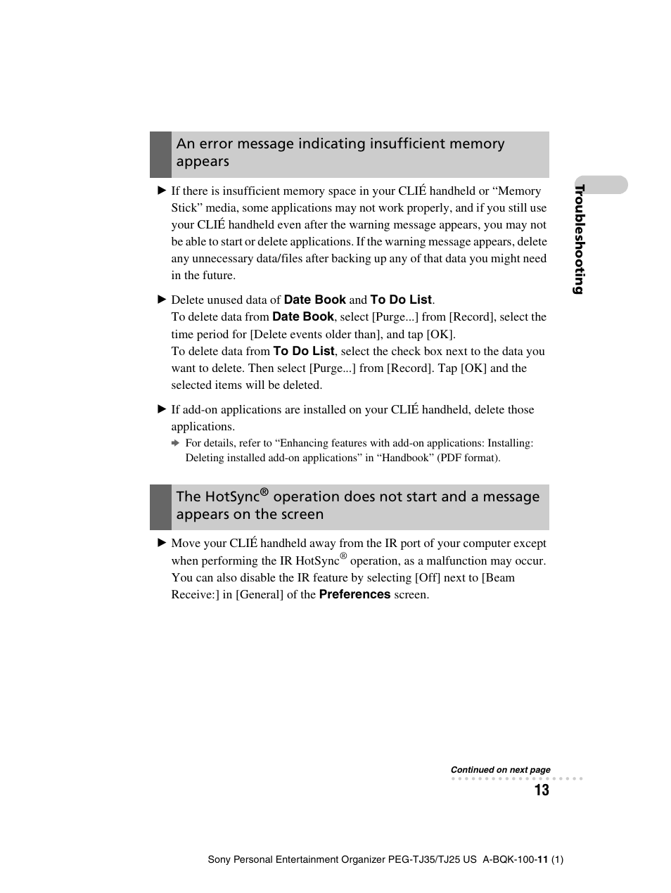 The hotsync, Operation does not start and a message appears, On the screen | Sony PEG-TJ25 User Manual | Page 13 / 37