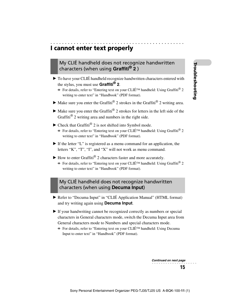 I cannot enter text properly | Sony PEG-TJ25 User Manual | Page 15 / 37