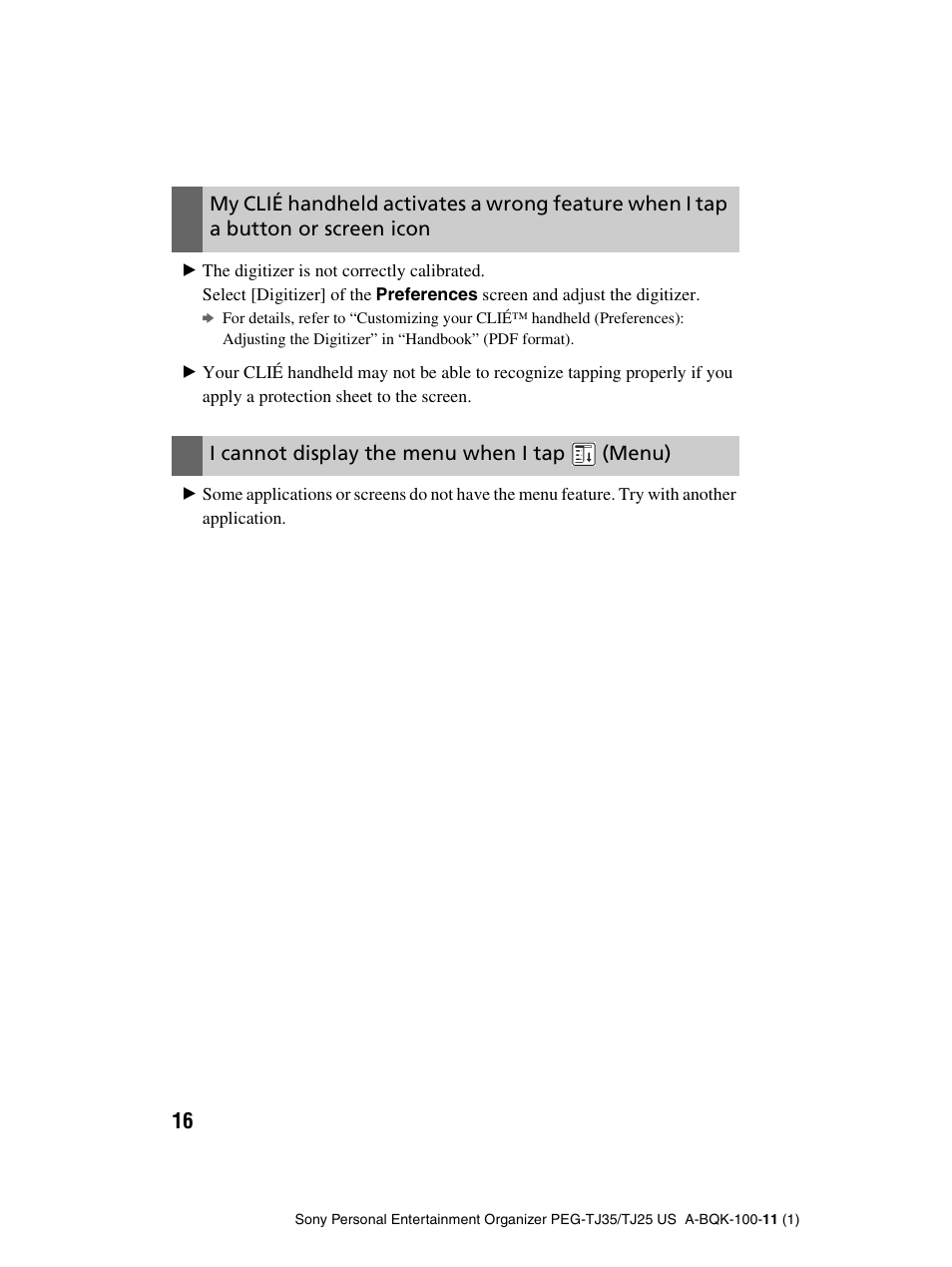 I cannot display the menu when i tap, Menu) | Sony PEG-TJ25 User Manual | Page 16 / 37