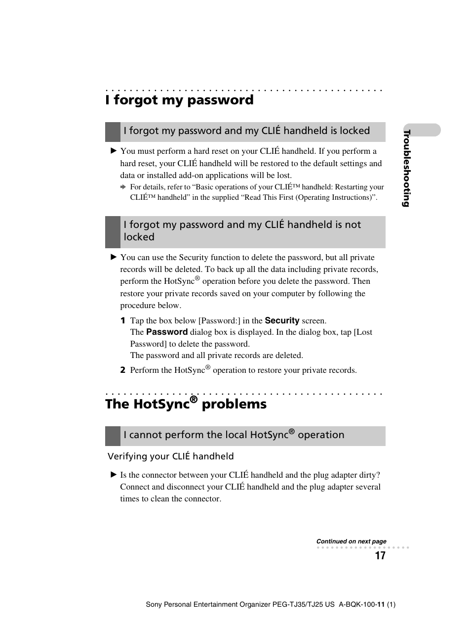 I forgot my password, The hotsync® problems, The hotsync | Problems, I cannot perform the local hotsync, Operation | Sony PEG-TJ25 User Manual | Page 17 / 37