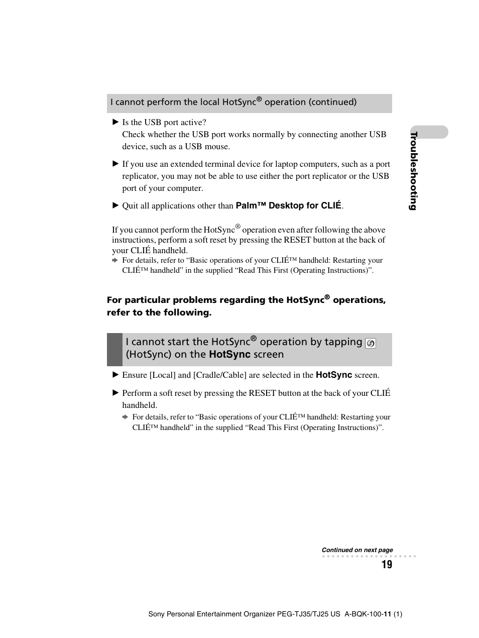 I cannot start the hotsync, Operation by tapping, Hotsync) on the hotsync screen | Sony PEG-TJ25 User Manual | Page 19 / 37