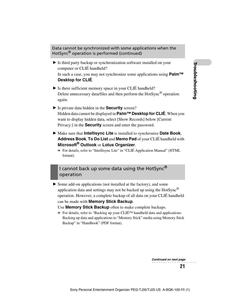 I cannot back up some data using the hotsync, Operation | Sony PEG-TJ25 User Manual | Page 21 / 37