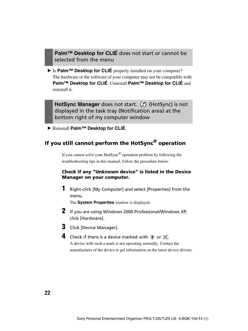 Hotsync manager does not start, Hotsync) is not, If you still cannot perform the hotsync | Operation | Sony PEG-TJ25 User Manual | Page 22 / 37