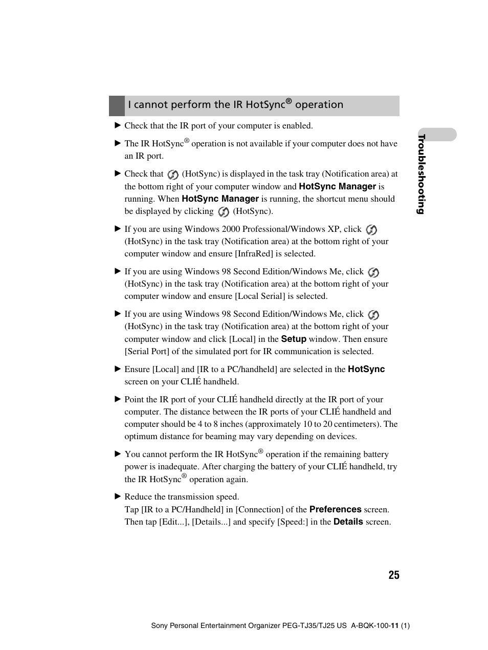 I cannot perform the ir hotsync, Operation | Sony PEG-TJ25 User Manual | Page 25 / 37