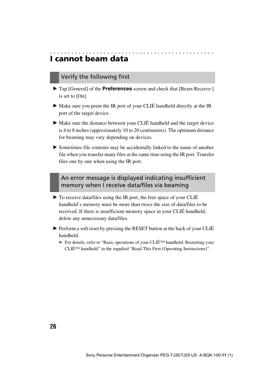 I cannot beam data, Verify the following first | Sony PEG-TJ25 User Manual | Page 26 / 37