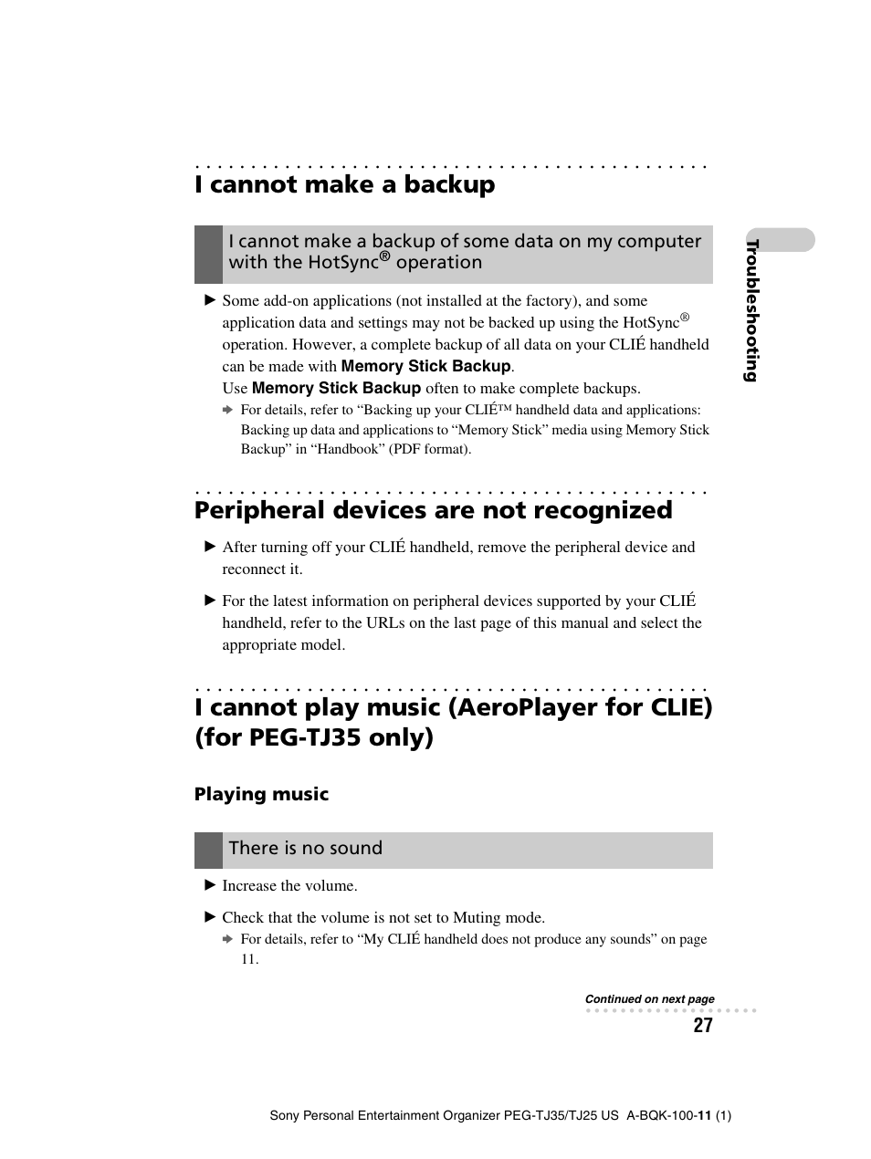 I cannot make a backup, Peripheral devices are not recognized, Operation | Playing music, There is no sound | Sony PEG-TJ25 User Manual | Page 27 / 37