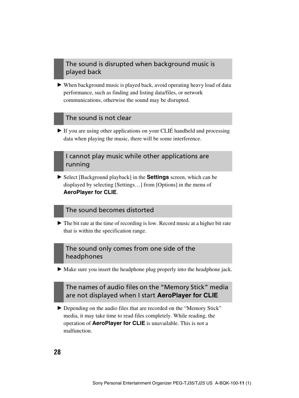 The sound is not clear, The sound becomes distorted | Sony PEG-TJ25 User Manual | Page 28 / 37