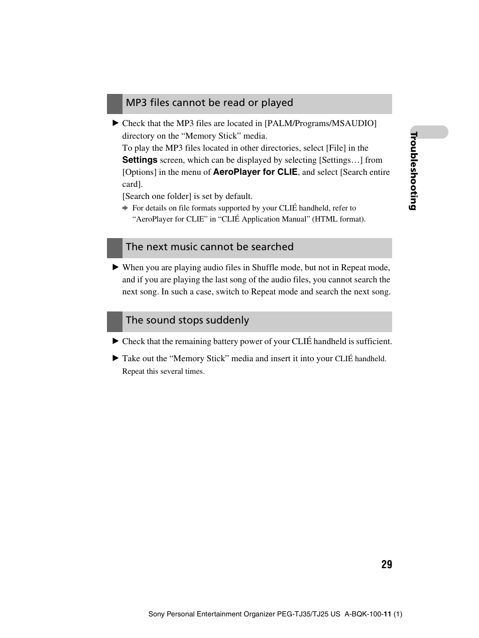 Mp3 files cannot be read or played, The next music cannot be searched, The sound stops suddenly | Sony PEG-TJ25 User Manual | Page 29 / 37