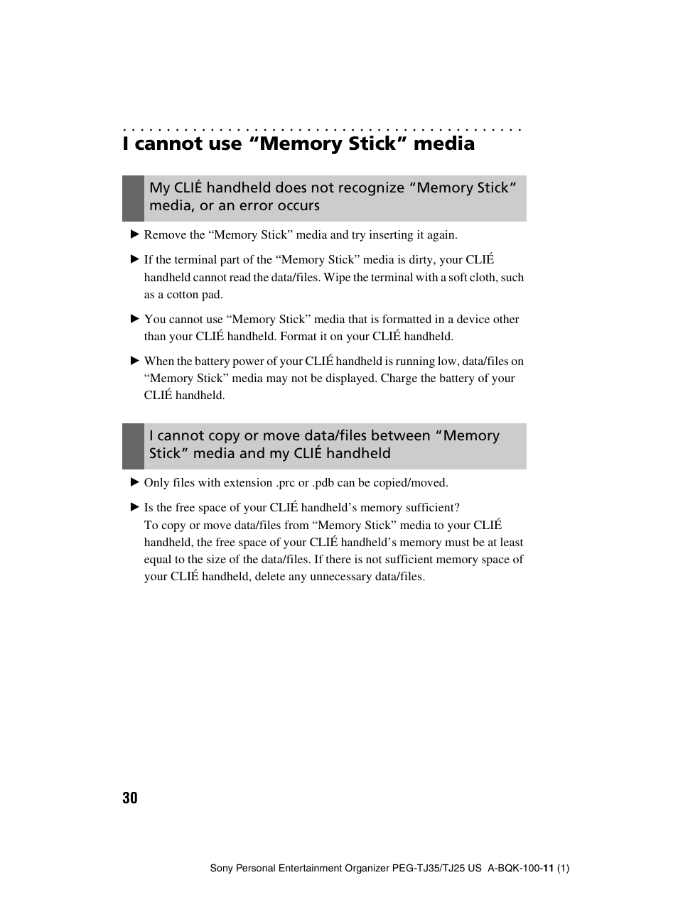 I cannot use “memory stick” media | Sony PEG-TJ25 User Manual | Page 30 / 37