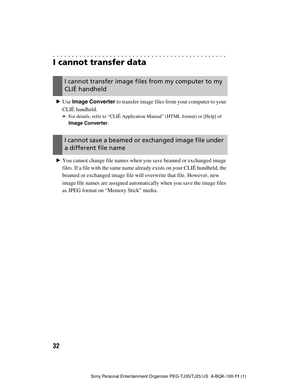 I cannot transfer data | Sony PEG-TJ25 User Manual | Page 32 / 37