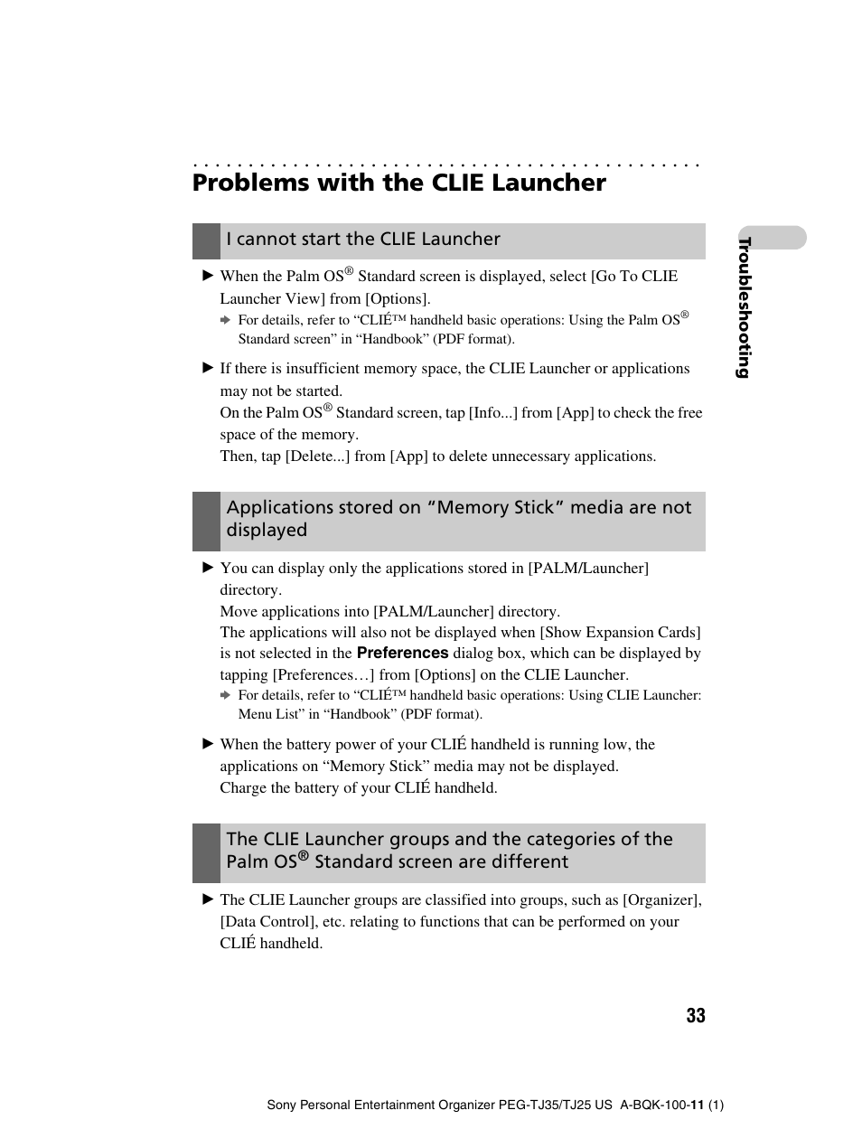 Problems with the clie launcher, I cannot start the clie launcher, Standard screen are different | Sony PEG-TJ25 User Manual | Page 33 / 37