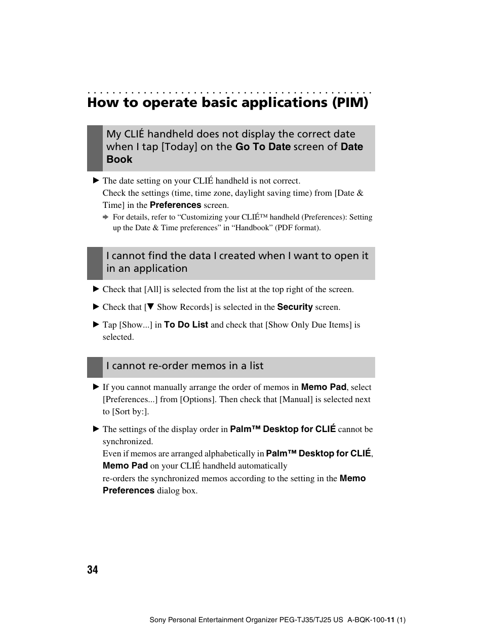 How to operate basic applications (pim), I cannot re-order memos in a list | Sony PEG-TJ25 User Manual | Page 34 / 37