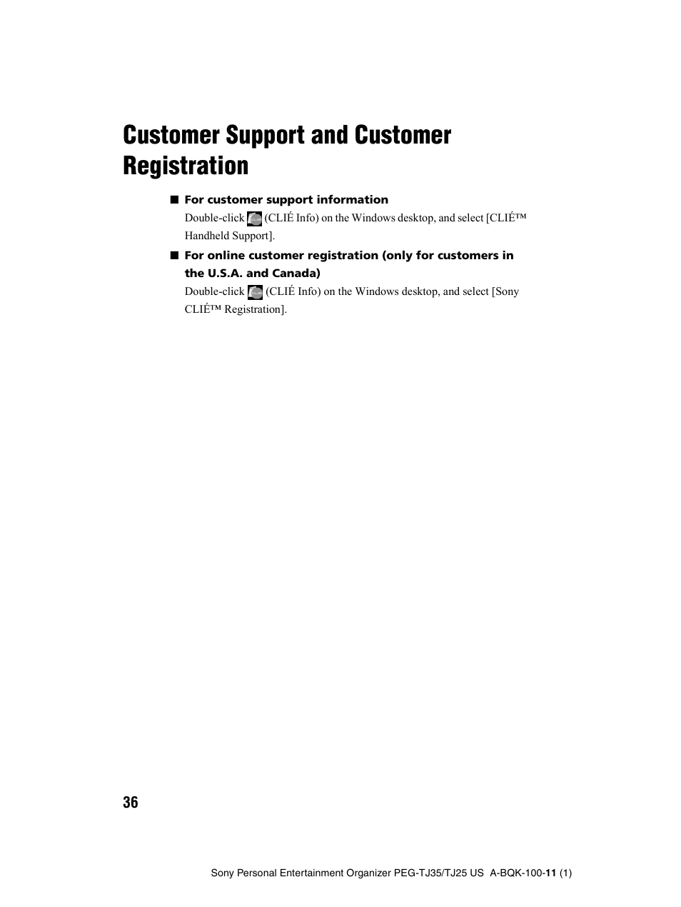 Customer support and customer registration | Sony PEG-TJ25 User Manual | Page 36 / 37