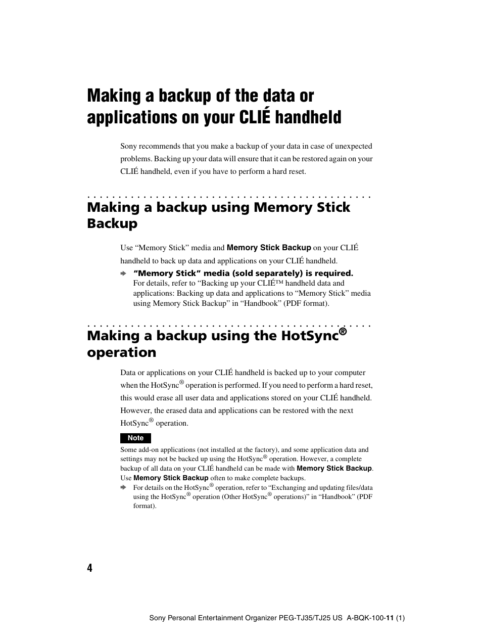 Making a backup using memory stick backup, Making a backup using the hotsync® operation, Making a backup using the hotsync | Operation | Sony PEG-TJ25 User Manual | Page 4 / 37