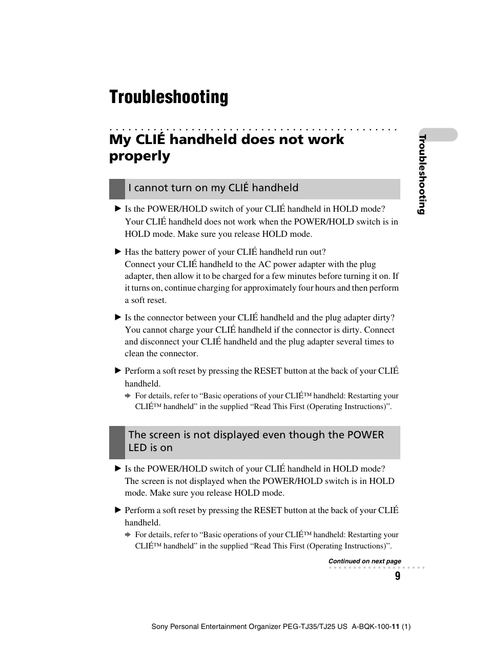 Troubleshooting, My clié handheld does not work properly, I cannot turn on my clié handheld | Sony PEG-TJ25 User Manual | Page 9 / 37