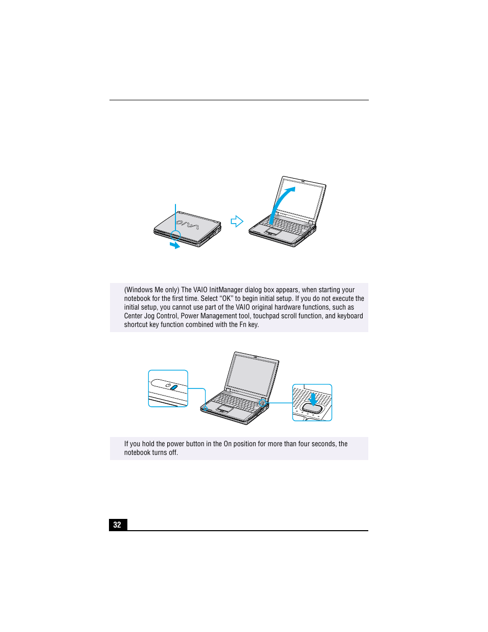 Starting your notebook, Opening notebook, Turning on notebook | Sony PCG-R505TE User Manual | Page 32 / 150