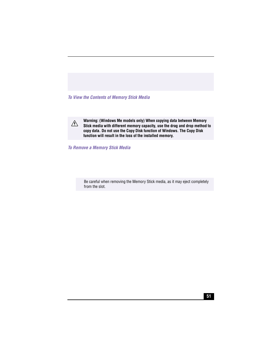 To view the contents of memory stick media, To remove a memory stick media, 1 ensure that the access light is off | 3 when the memory stick media ejects, pull it out | Sony PCG-R505TE User Manual | Page 51 / 150