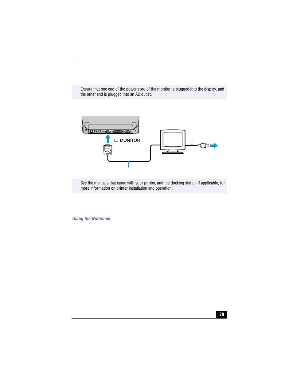 Connecting monitor, To connect a projector, Using the notebook | Sony PCG-R505TE User Manual | Page 79 / 150