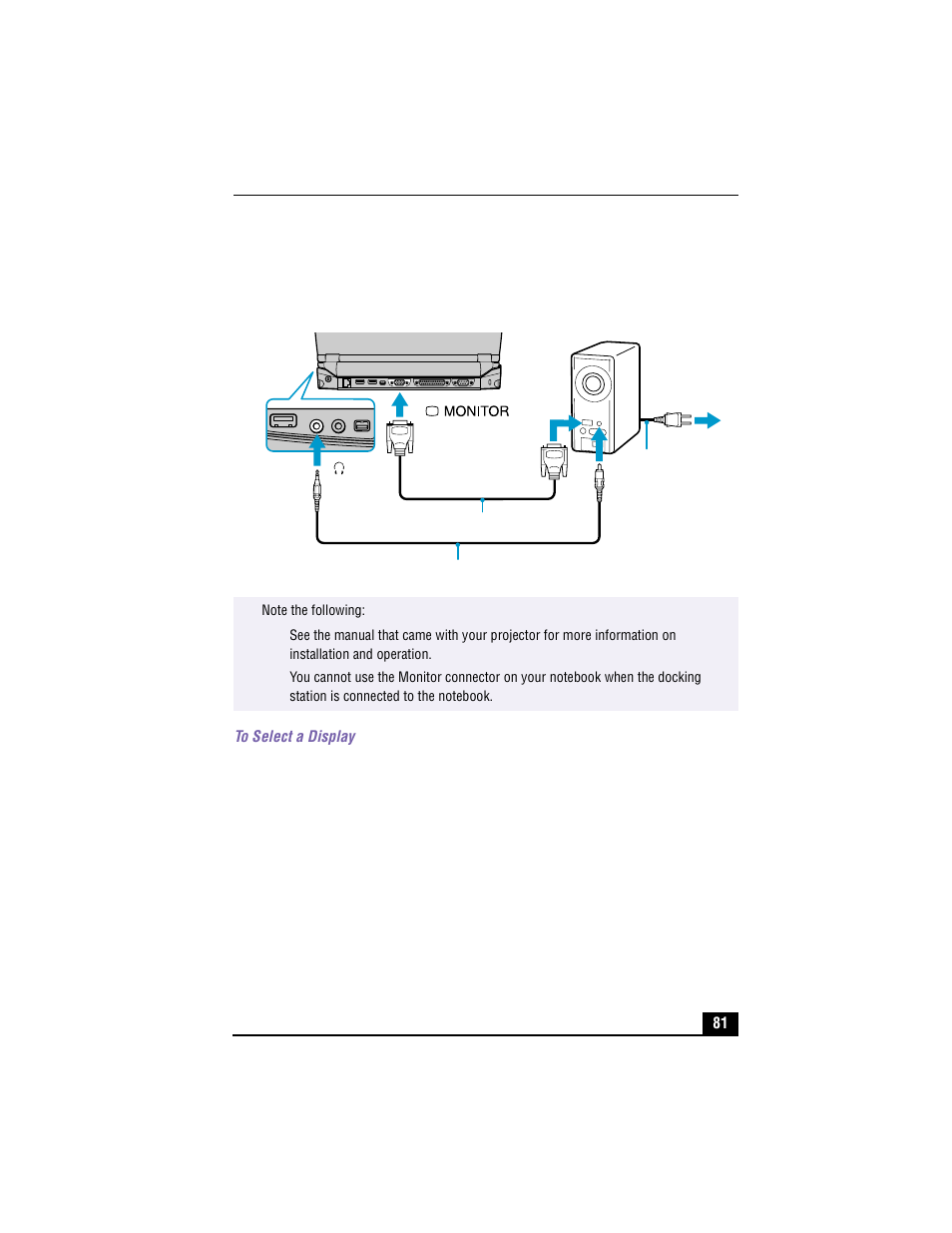 Connecting projector, To select a display | Sony PCG-R505TE User Manual | Page 81 / 150