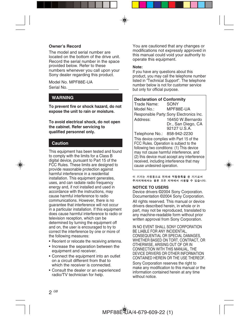 Sony M-PF88E User Manual | Page 2 / 128