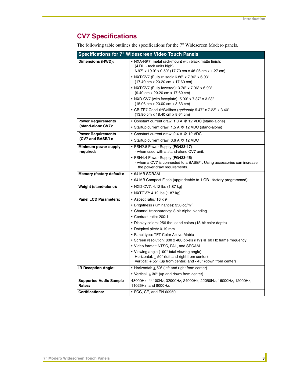 Cv7 specifications | AMX NXD-CV7 User Manual | Page 11 / 184