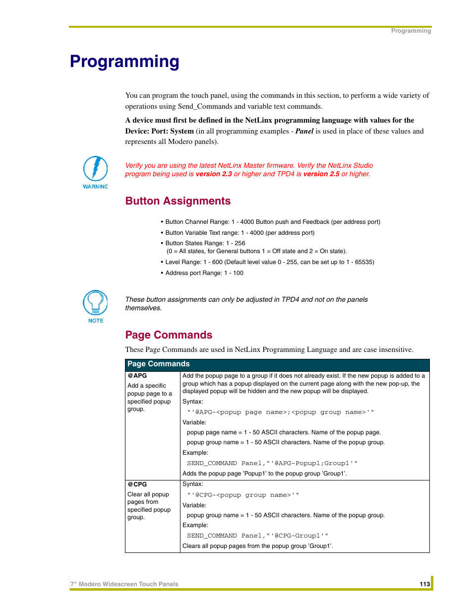 Programming, Button assignments, Button assignments page commands | AMX NXD-CV7 User Manual | Page 121 / 184