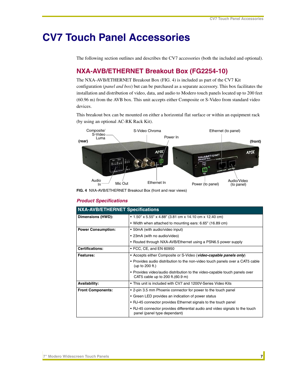 Cv7 touch panel accessories, Nxa-avb/ethernet breakout box (fg2254-10), Product specifications | AMX NXD-CV7 User Manual | Page 15 / 184