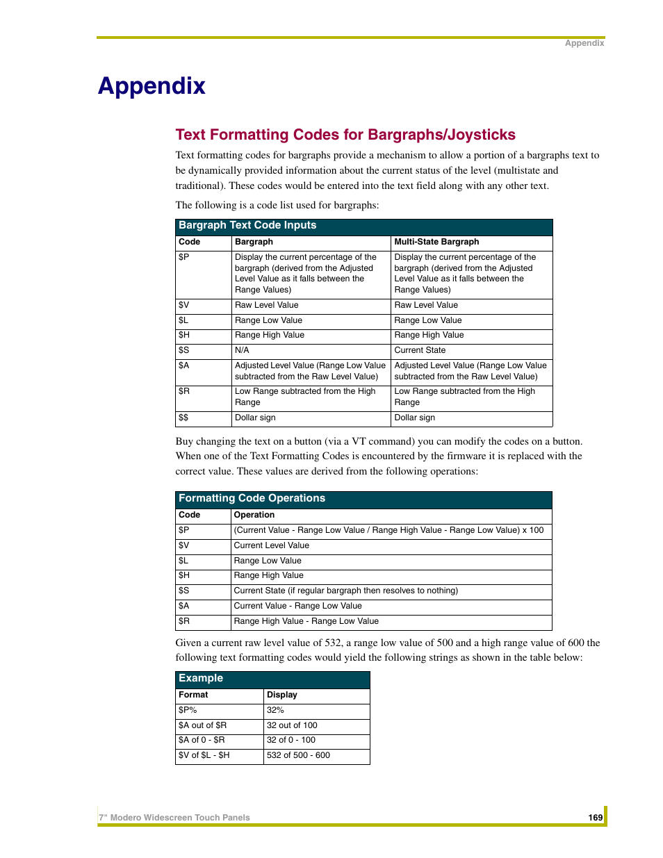 Appendix, Text formatting codes for bargraphs/joysticks | AMX NXD-CV7 User Manual | Page 177 / 184